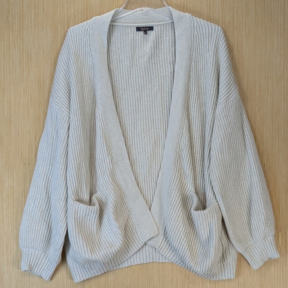 Quince Organic Cotton Fisherman Cardigan Sweater Size M Oatmeal Beige Open Front